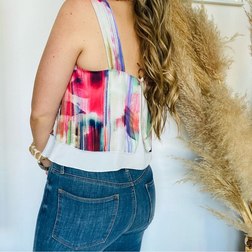 TYCHE NORDSTROM White Rainbow Striped Print Ruffle Layer Tank Top Swing Blouse M - Picture 2 of 7